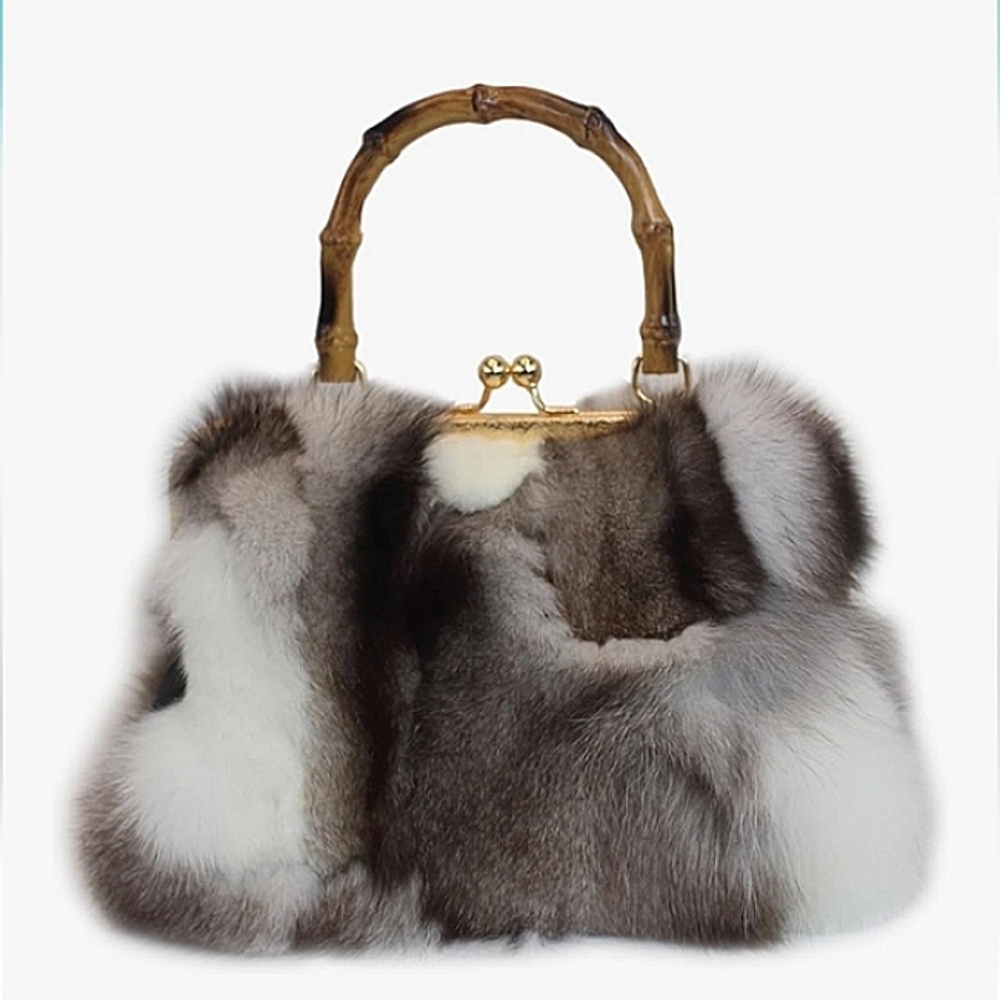 NWT Real Fox Fur Handbag - Vintage Kisslock Purse with Bamboo Handle, Patchwok - Picture 3 of 7